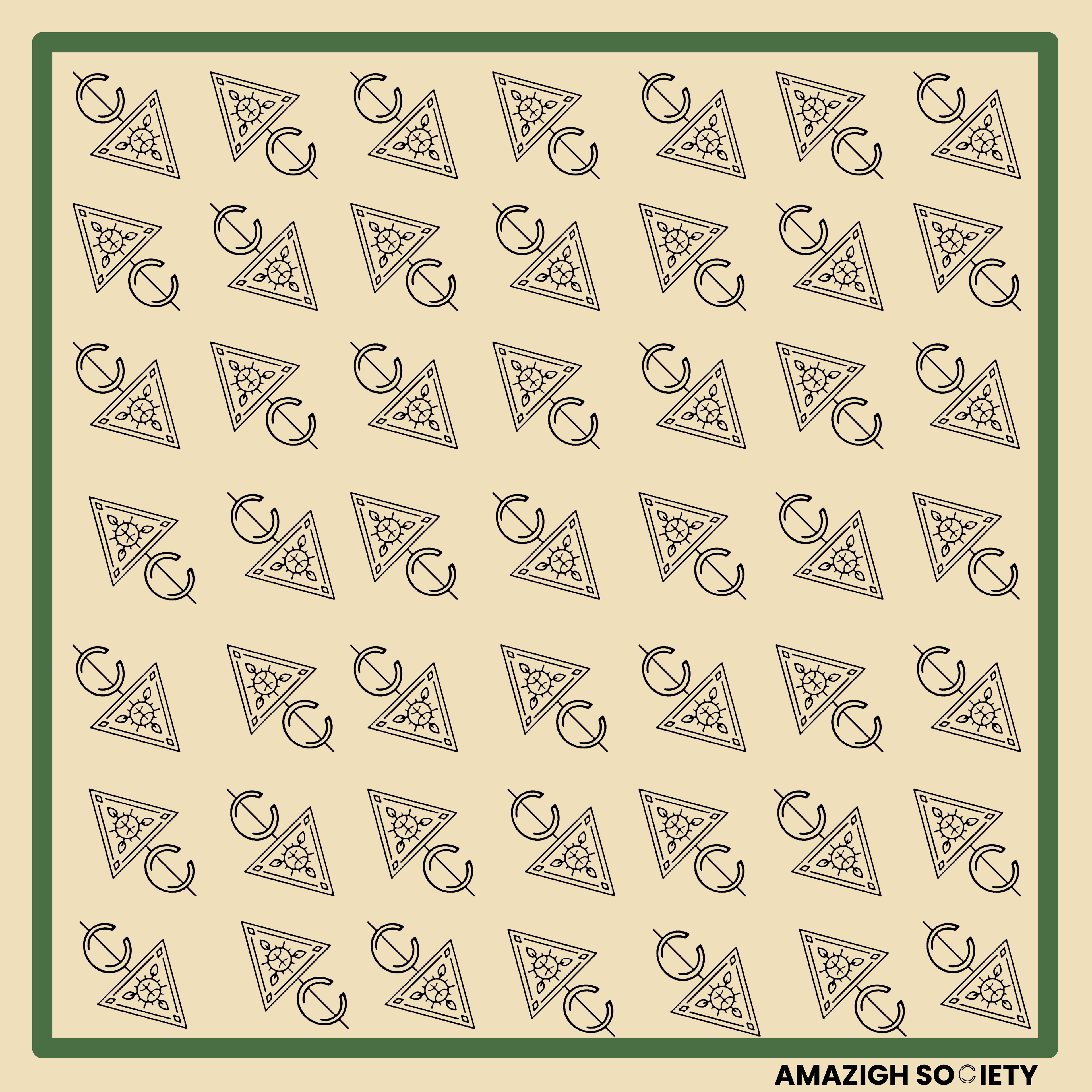 Pattern of triangles with decorative elements on a beige background, branded 'Amazigh Society'.