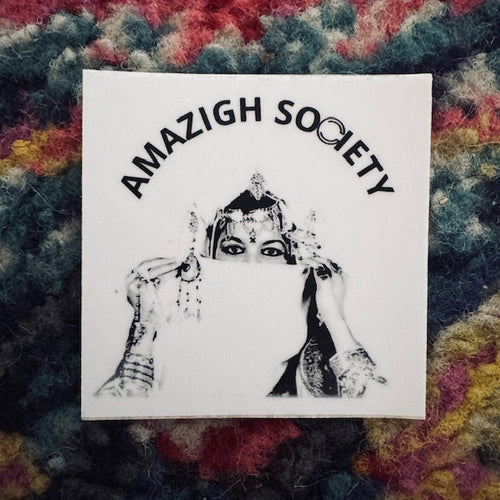 Sticker with 'Amazigh Society' text on a colorful textured background