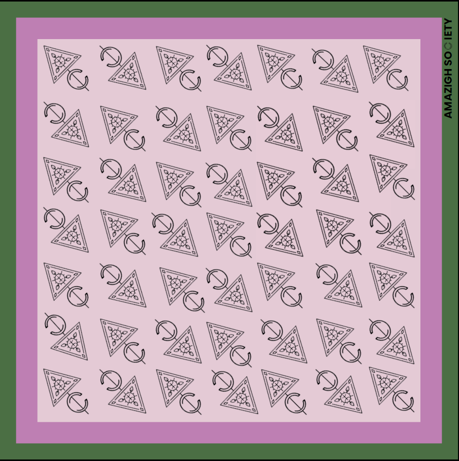 Patterned fabric with geometric design on a pink background, featuring the Amrapali Society logo.